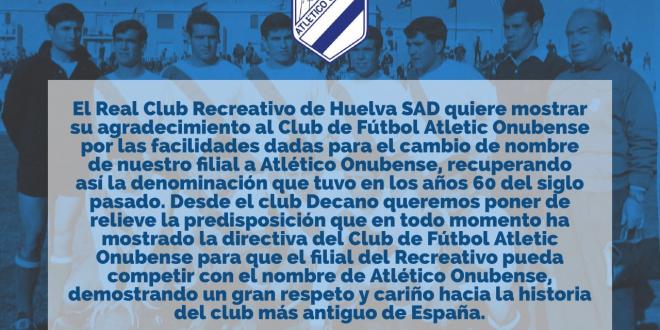 Carta de agradecimiento del Recreativo