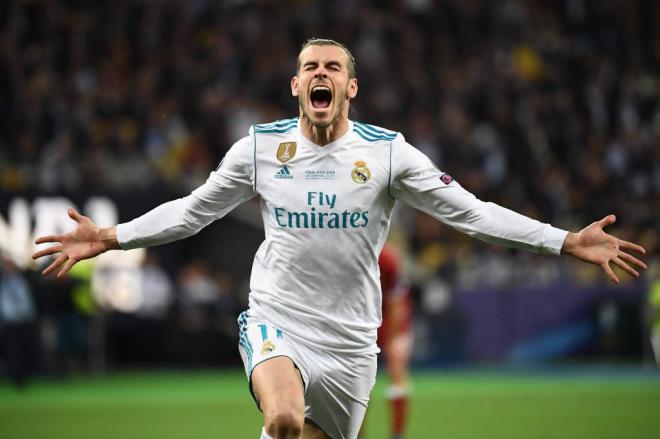Bale celebra su espectacular gol en Kiev.