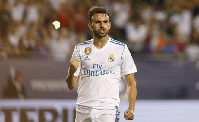 Borja Mayoral, celebra un gol con el Real Madrid.