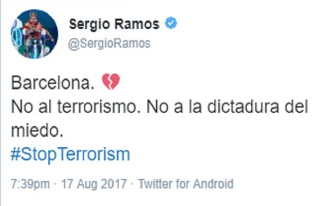 El tuit con el que Sergio Ramos muestra su rechazo al atentado.