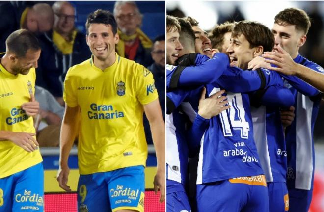 Las Palmas y Alavés celebran sus goles.