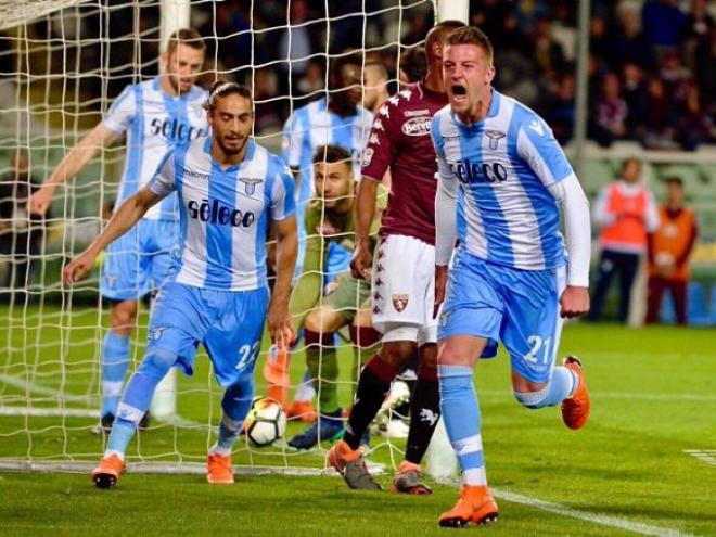 Celebración del gol de la Lazio.