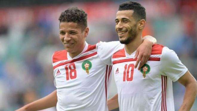 Los jugadores de Marruecos celebran un gol.