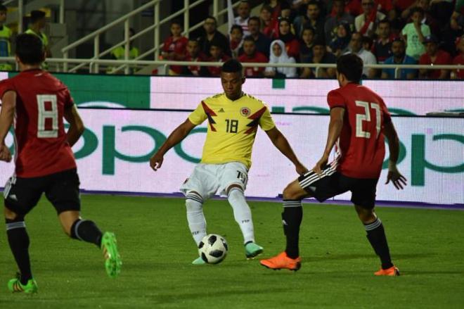 Acción del partido entre Colombia y Egipto.