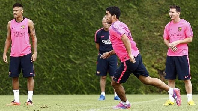 Neymar, Suárez y Messi en un entrenamiento.