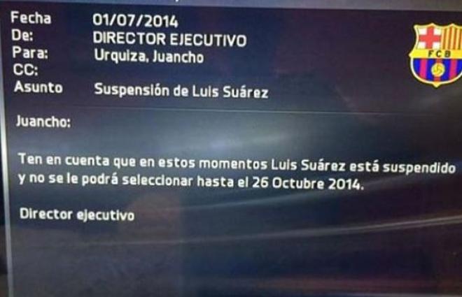 El mensaje sobre la sanción a Luis Suárez.