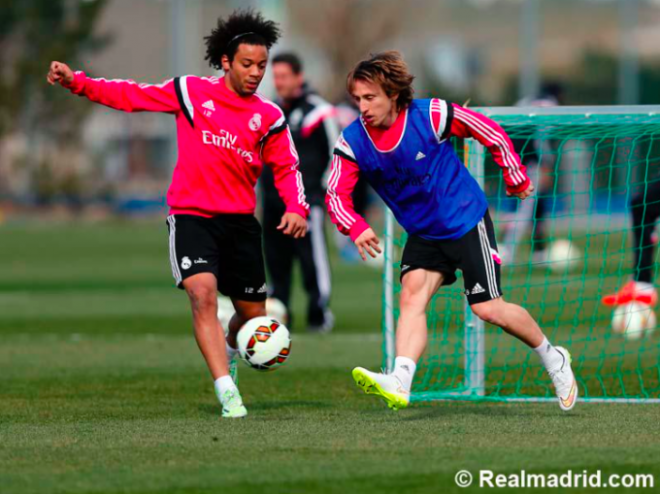 Marcelo y Modric, en el entrenamiento (FOTO: Real Madrid).