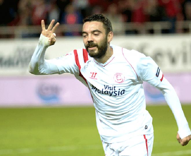 Iago Aspas celebra un gol con el Sevilla.