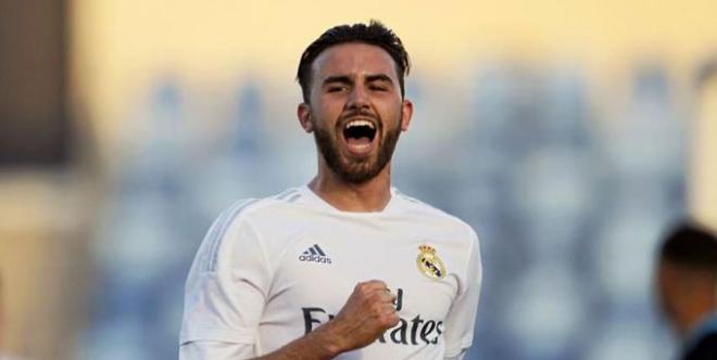 Borja Mayoral celebra un tanto con el juvenil del Real Madrid.