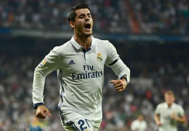 Morata celebra un gol con el Real Madrid esta temporada.