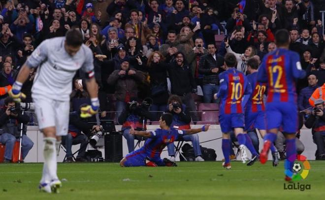 Suárez celebra su tanto ante el Athletic.