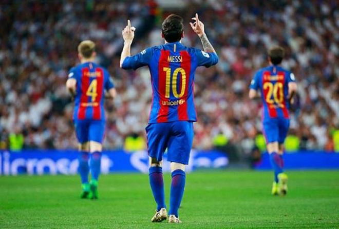 Messi celebra uno de los tantos conseguidos en el Bernabéu.