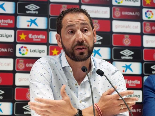 El técnico soriano, durante su despedida oficial del Girona.