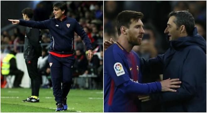 Montella, Valverde y Messi, durante partidos de Copa esta temporada.