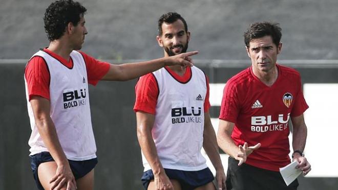 Marcelino, Parejo y Montoya durante el último entrenamiento.