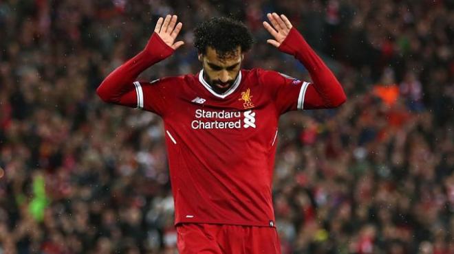 Salah, tras un gol en el partido ante la Roma.