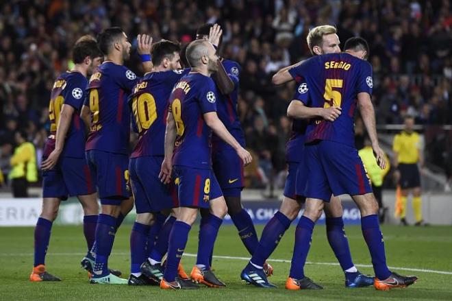 Los jugadores del Barça celebran gol ante la Roma.