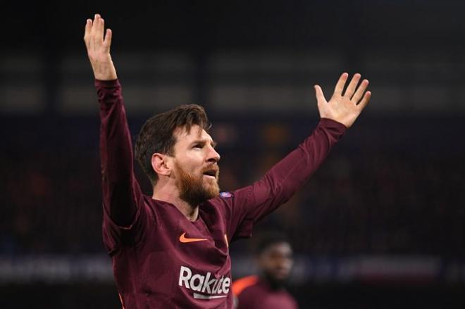 Leo Messi celebra su gol al Chelsea.