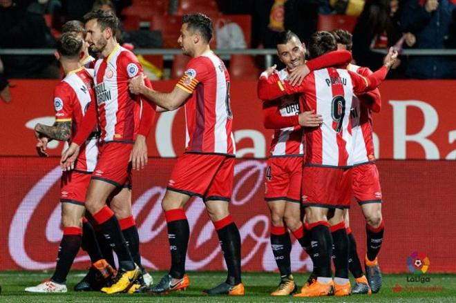 Los jugadores del Girona celebran su gol ante el Celta.