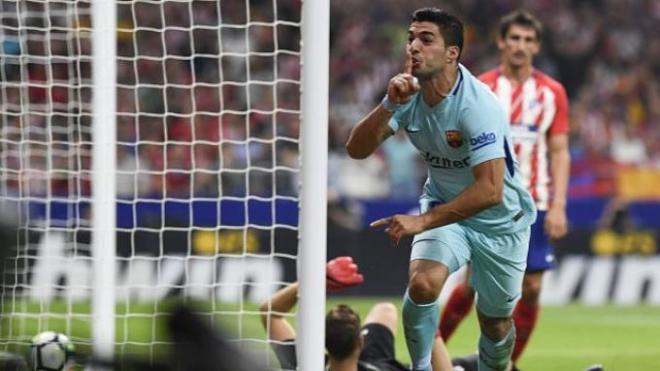 Suárez celebra el gol del empate en el Wanda Metropolitano.