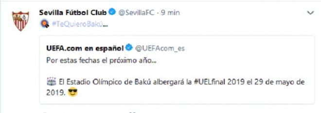El tuit del Sevilla sobre la final de la Europa League de 2019.