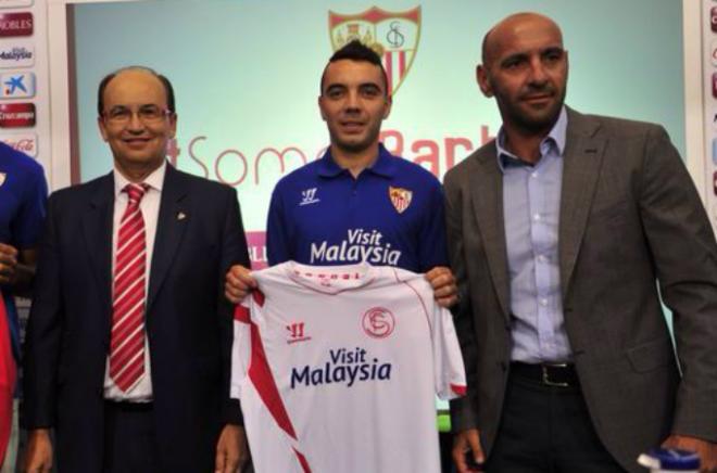 Aspas, en su primer entrenamiento con el Sevilla.