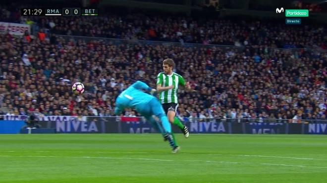 Momento en el que Keylor Navas derriba a Brasanac.