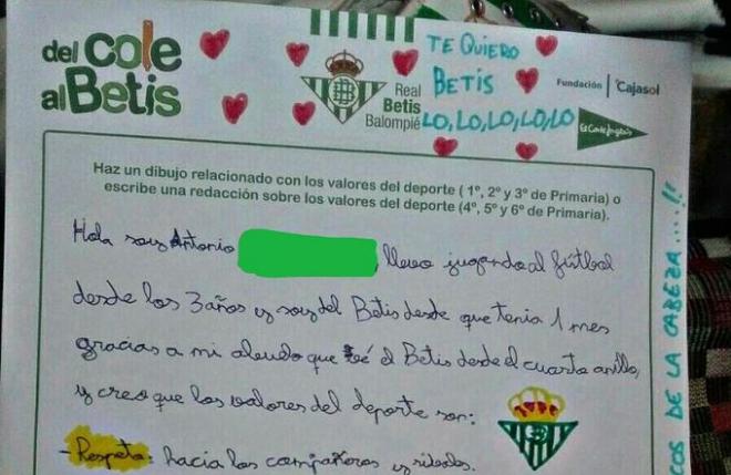 Parte de la carta de Antonio, niño bético, sobre los valores del deporte (Foto: @JoseOrtiz_91).