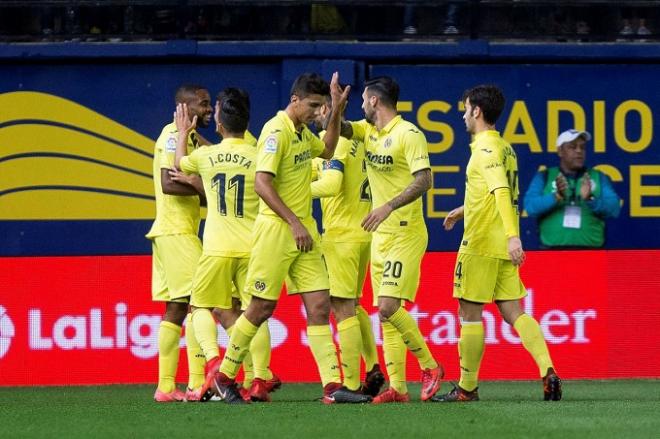 Celebración de un gol del Villarreal frente al Sevilla.