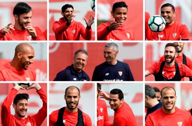 La sonrisa, nota predominante en el entrenamiento del Sevilla. (FOTOS: Kiko Hurtado)