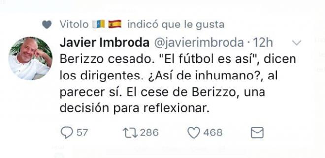 Javier Imbroda y Vitolo critican el cese de Berizzo.