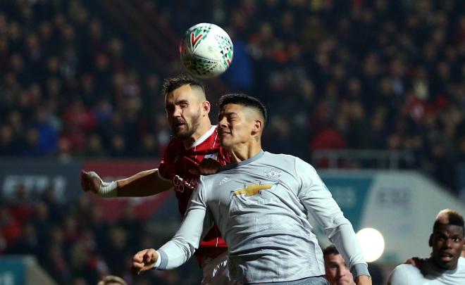 Marcos Rojo, del Manchester United, en el partido ante el Bristol City.