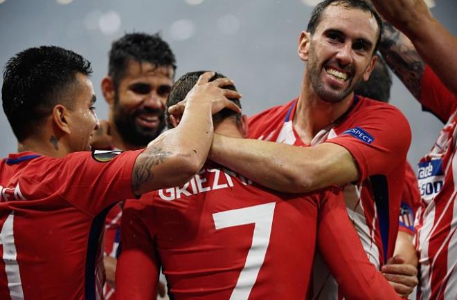 Los jugadores del Atlético celebran un gol de Griezmann en la final.