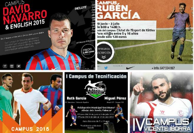 Carteles de algunos de los campus que ofertan los jugadores del Levante UD y los ex para este verano