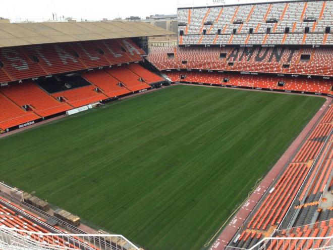 El césped de Mestalla, replantado hace poco, un lugar idóneo para la final.