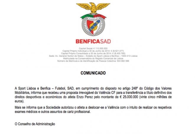 Imagen del comunicado del Benfica al mercado de valores de su país.
