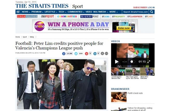 El dueño del Valencia CF, Peter Lim, es la portada del diario singaurense The Strait Times.