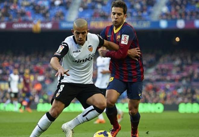 Soso Feghouli puso en muchos apuros a Jordi Alba y éste acabó expulsado por una entrada ante el argelino.