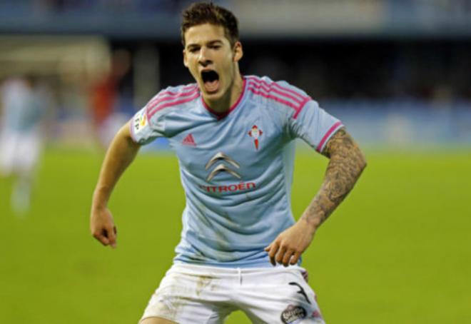 Santi Mina celebra un gol marcado con el Celta durante la pasada temporada