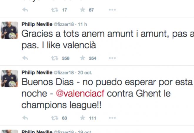 Los mensajes en twitter de Neville, cada día más integrado en Valencia y el club.