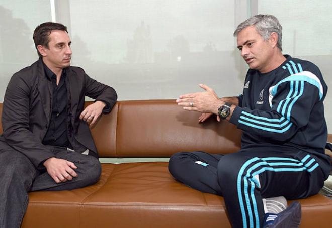 Gary Neville y Mourinho, en una entrevista del ex comentarista al técnico.