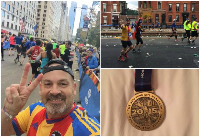 Jomi con su senyera corriendo el Maratón de Nueva York.