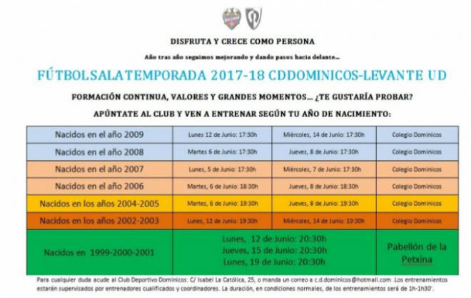 Horarios para las pruebas de captación de Levante-Dominicos.