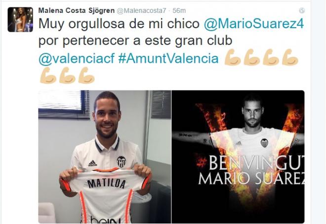 Malena Costa da la bienvenida a Mario Suárez al Valencia CF.