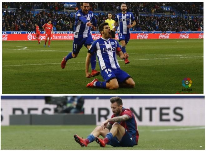 Manu García celebra, en la imagen de arriba, su gol con el Alavés frente al Sevilla; abajo, Luna se lamenta (LaLiga / ElDesmarque).