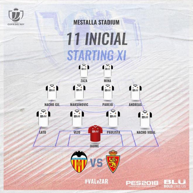 Once del Valencia CF contra el Real Zaragoza.