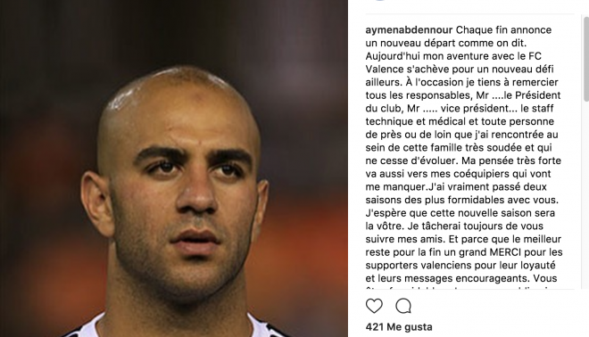 Aymen Abdennour se ha despedido por Instagram del Valencia.