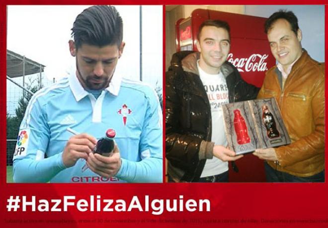 Nolito firma la botella y Aspas hace entrega. (Foto: Celta de Vigo)