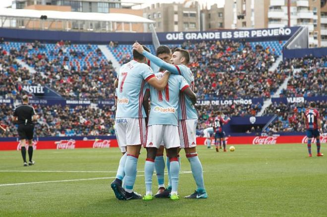 El Celta celebra un gol en el Ciutat de Valencia la pasada campaña.