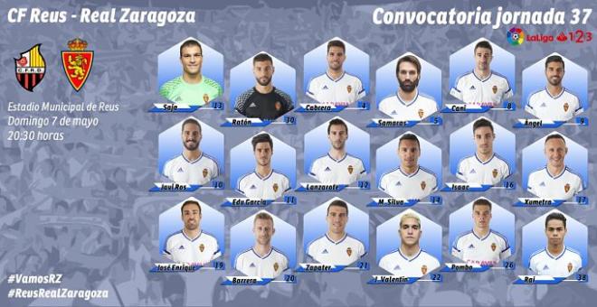 Lista de convocados del Real Zaragoza para jugar contra el Reus.